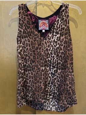 Johnny Was XS Low Cut V Neck Sleeveless Leopard Print A Line Silk Top Swing